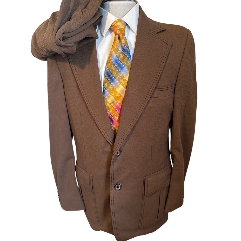 Vtg 70s Merit 2 Piece Leisure Suit Brown Polyester Jacket 40L Pants 38 x 32
